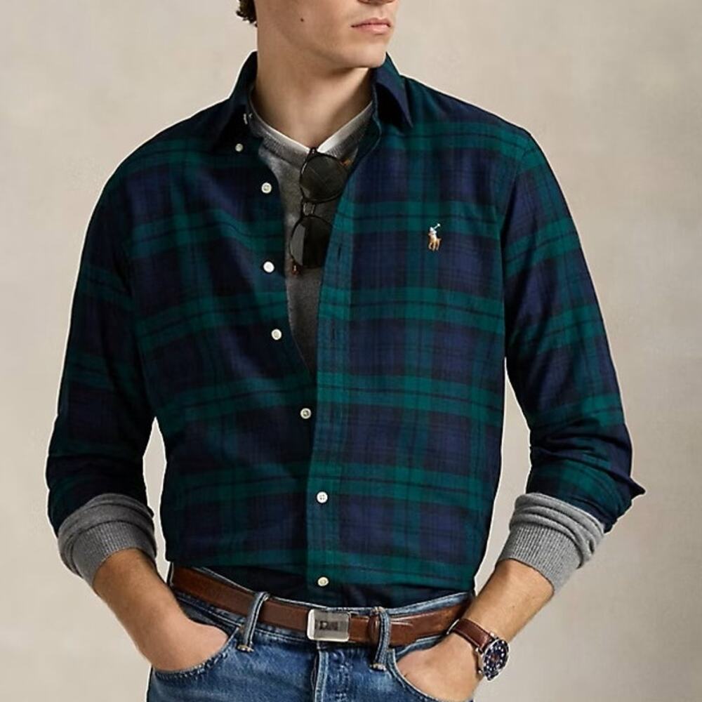 Polo Ralph Lauren Classic Fit Plaid Oxford Shirt Green Navy Large